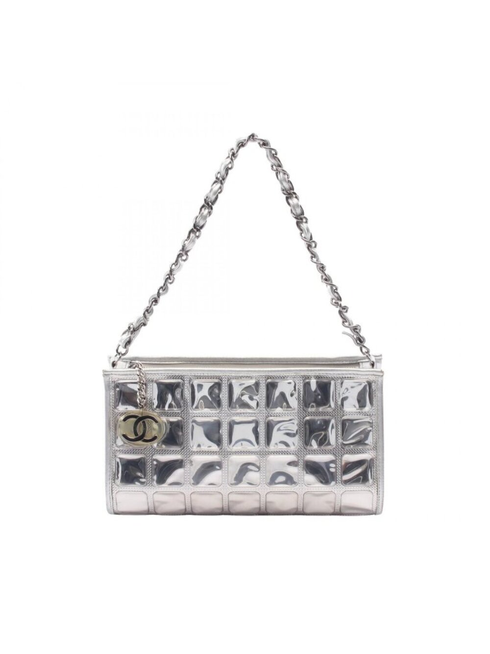 Chanel Handbag Ice Cube Silver Vinyl Leather Chain Shoulder Back